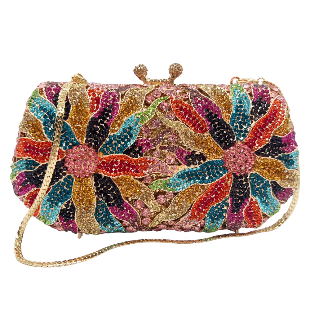 Túi clutch nữ dự tiệc đính kim cương hoa cúc, phong cách châu Âu — màu vàng, màu phấn, màu xanh lá cây chi tiết 1