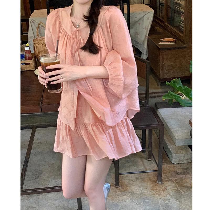 新中式粉色宽松圆领防晒衬衫女夏小个子天丝长袖上衣短裙长裙套装|undefined