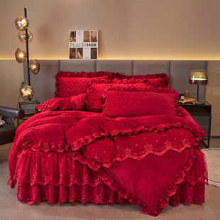 Wedding Baby Velvet Four-Piece Bed Skirt Plus Velvet Thickened Quilted Bedspread Wedding Red Dowry Bedding Winter