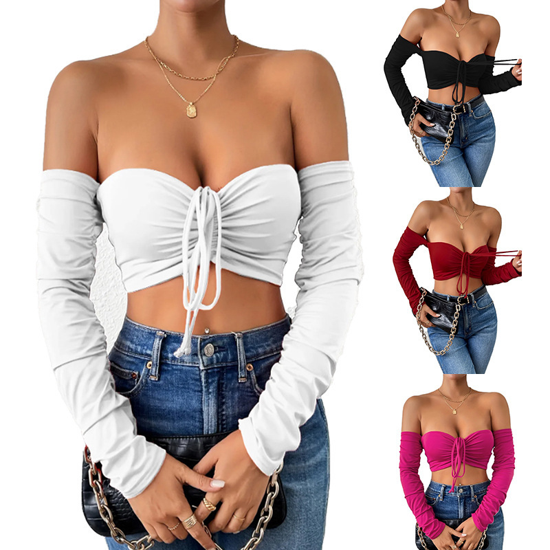 Cross-border Europe and the United States sexy small vest long sleeve off-shoulder tube top hot girl top drawstring waist bow women's clothing