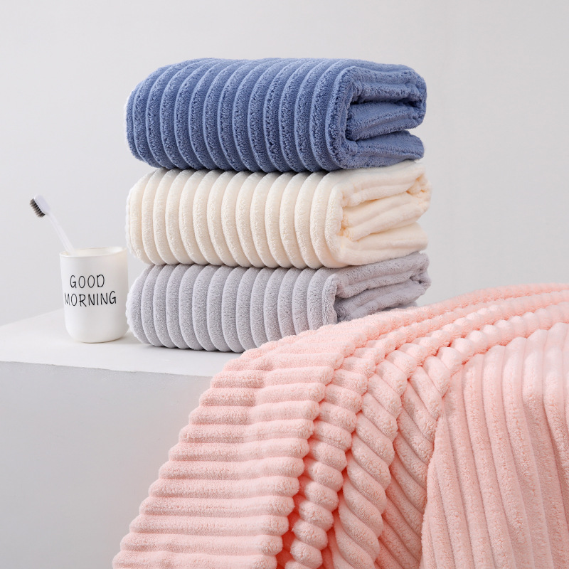Thickened coral fleece bath towel, candy-striped terry bath towel—home-use, highly absorbent, quick-drying, lint-free face towels available for dropshipping and wholesale.