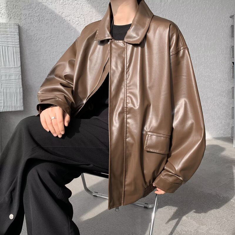 Retro Bike Clothing PU Leather Jacket Men's Spring and Autumn Ins Trendy Brand Plutton Handsome High-class Aviator Leather Jacket