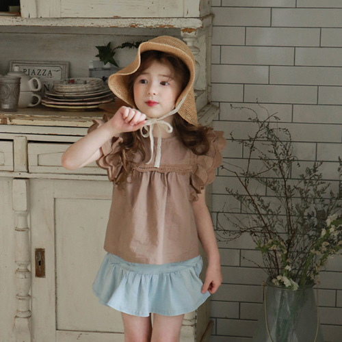 2024 Summer Strawberry Shan Korean Children's Clothing Children's Girls Solid Color Lady's Feather T-shirt