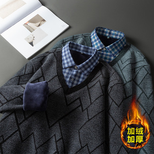 Men's Shirt Collar Faux Sweater with Fleece Lining, Thickened, Plus Size, Long Sleeve, Winter Warm Sweater, Faux Two-Piece, Casual and Versatile