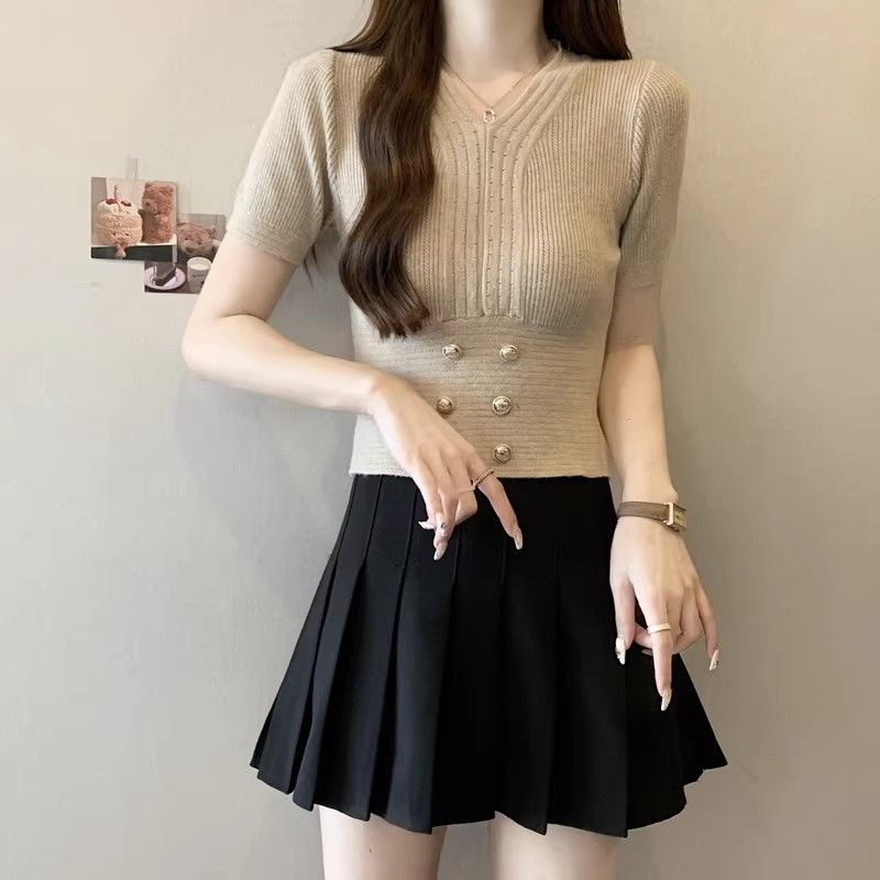 V-Ausschnitt, hohe Taille, kurzärmeliger Damen-Sommer, neuer französischer Stil, kleiner, duftender Wind, Eisseide, gestrickter Pullover_voghion.com