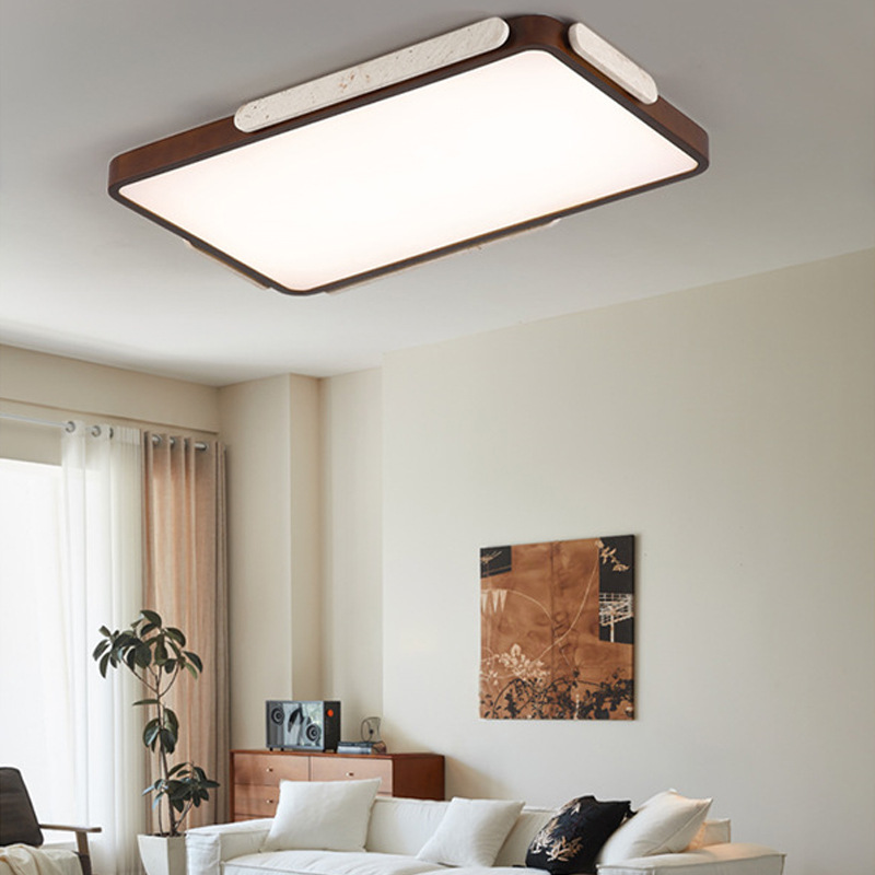 Living Room Ceiling Light - Yellow Travertine, Vintage Style, Walnut Wood, Main LED Eye-Friendly Light, 2025 New Model