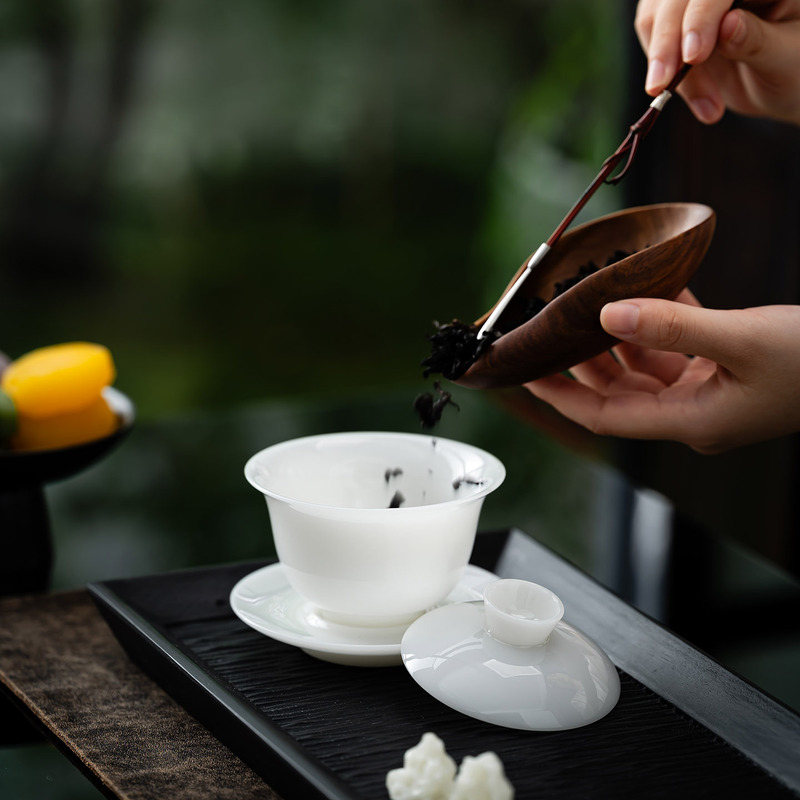 高档冰种璞玉三才盖碗陶瓷单个潮汕功夫茶具泡茶杯白瓷印logo送礼|undefined