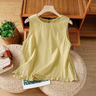 2025 New Summer Yellow Plaid Sleeveless Shirt for Women with Ear-Hem Design Vest French Top