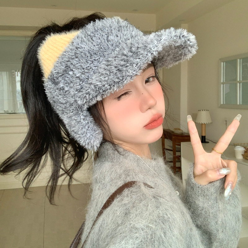 可爱猫咪耳朵毛绒空顶鸭舌帽秋冬季防风护耳帽户外休闲保暖帽子女|undefined