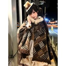 JK毛呢大衣冬季高级感无袖洛丽塔披肩棕色流苏连帽加厚斗篷短外套