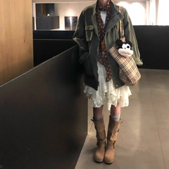 秋季新款气质感休闲宽松夹克上衣美式复古做旧绿色工装外套女