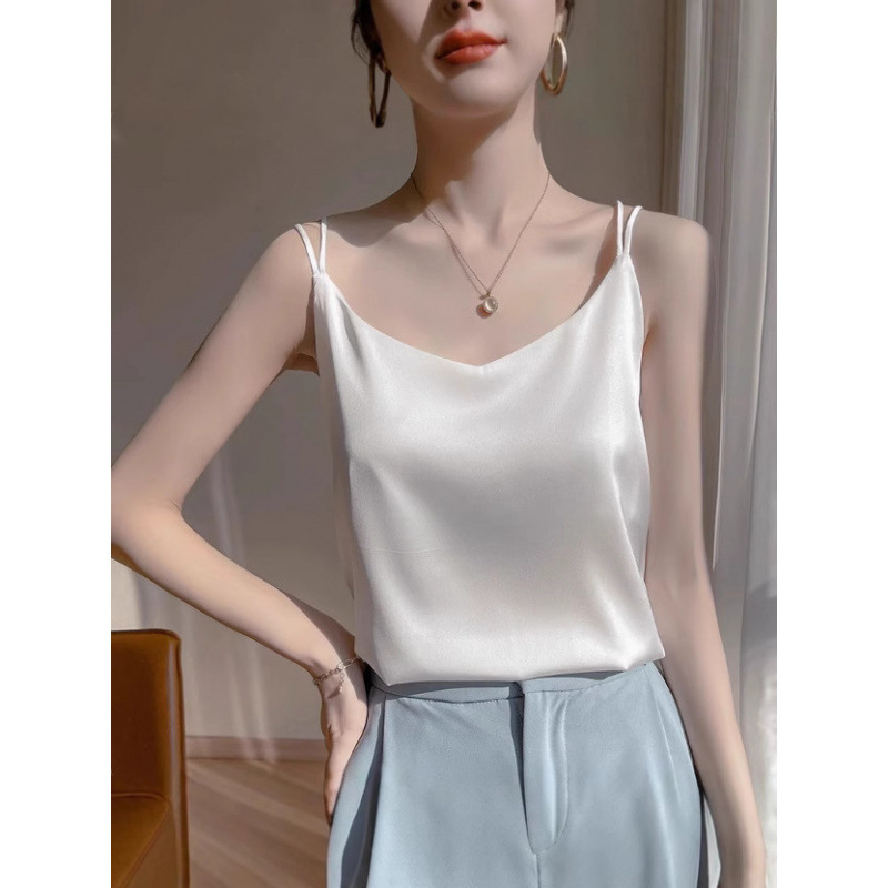 2025 Women's Camisole with White Backless Design, Acetate Imitation Silk Top, Satin Summer Blazer-Style Base Shirt