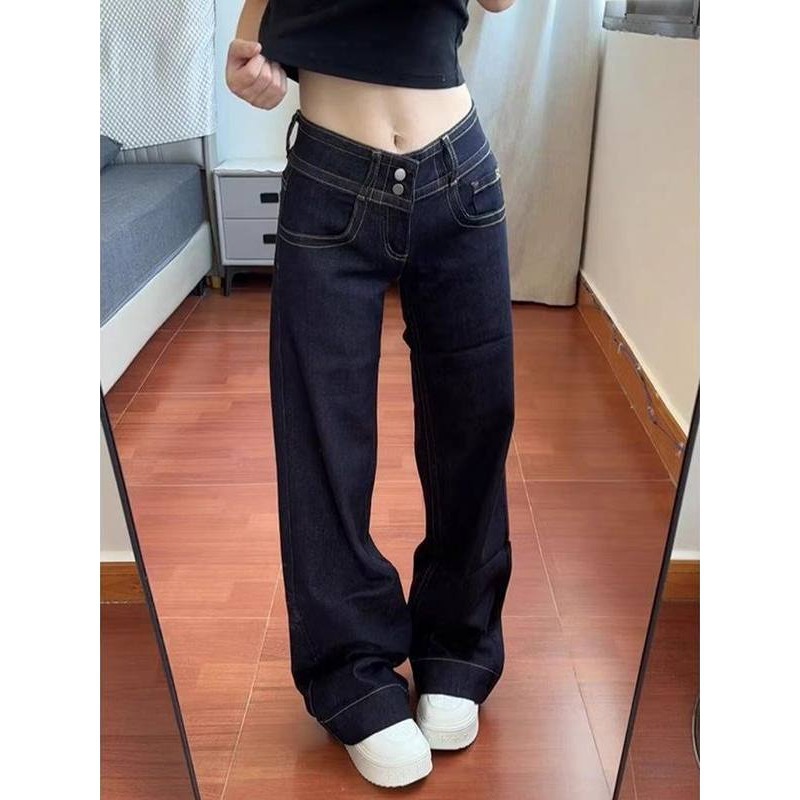 여성 하이웨이스트 더블 버클 하라주쿠 스타일 루즈 스트레이트 데님 부츠