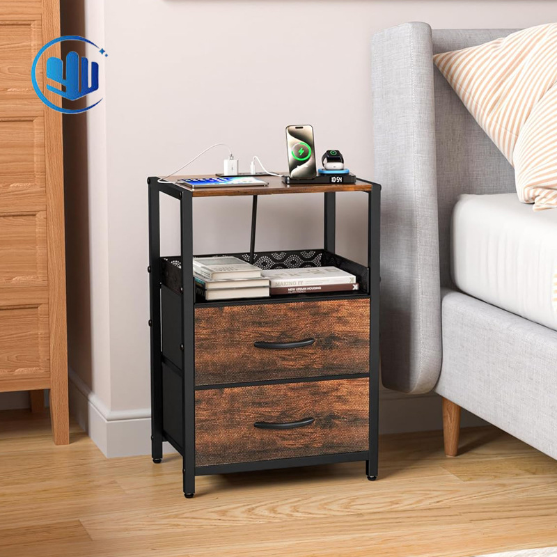 Mesa de cabecera con cajón Mesa de té con puerto USB y enchufe de carga Estante de almacenamiento de 3 capas