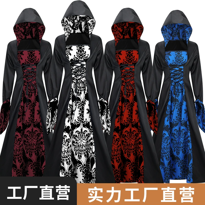 Средневековый костюм для ужина в придворном стиле, платье с капюшоном, ретро-платье с длинными рукавами и принтом, женское платье для выступлений