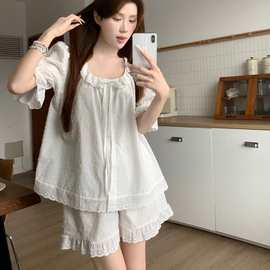 少女甜美碎花短袖睡衣2025夏季新款荷叶边家居服纯棉提花宽松套装
