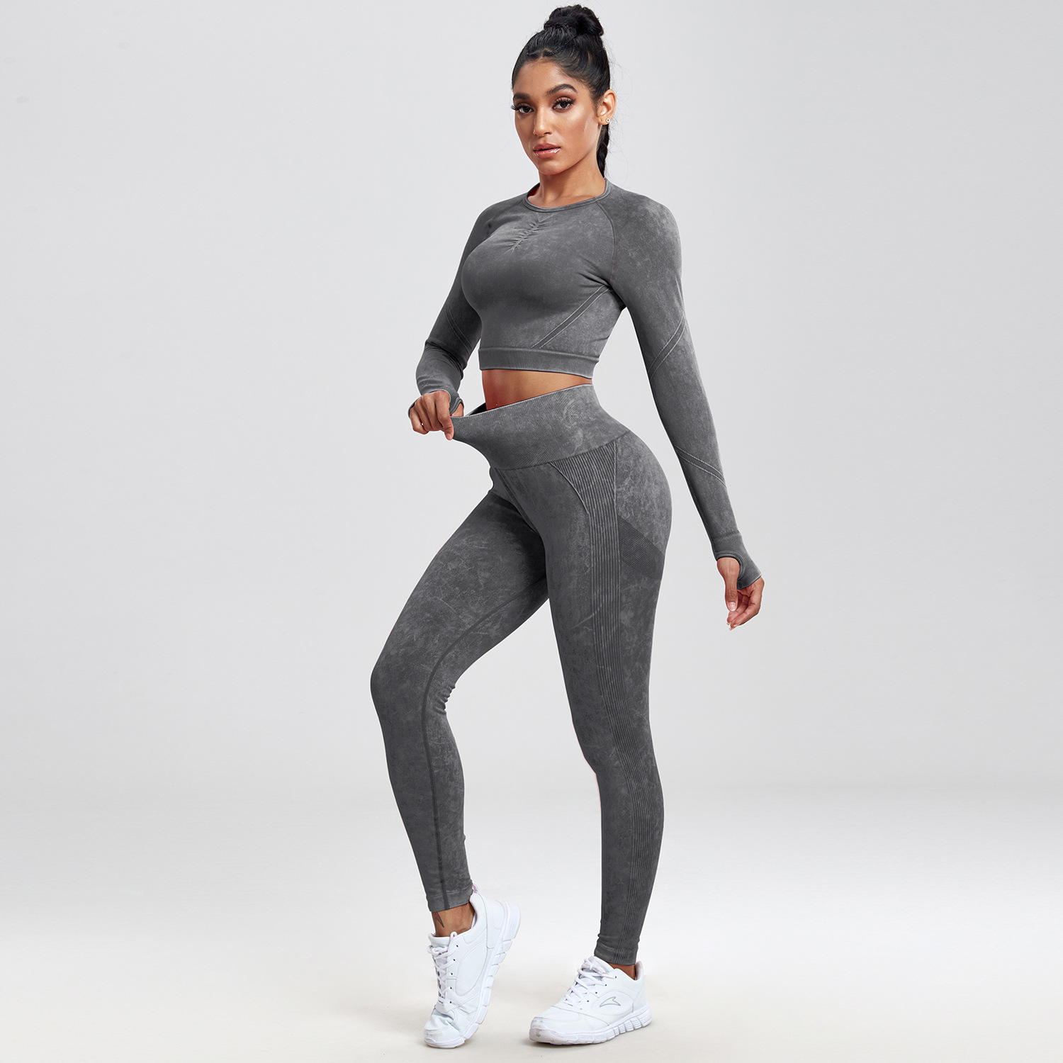 재고! TK 국경 빠른 건조 원활한 세탁 요가 스포츠 달리기 긴 소매 바지 세트 피트니스 세트 여성