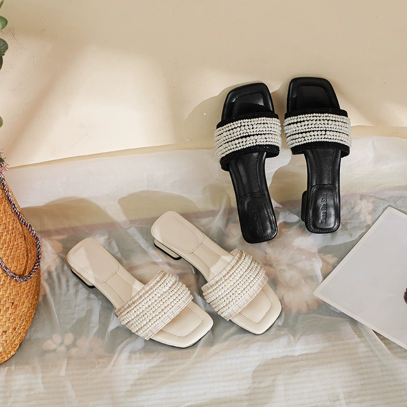 Тапочки с жемчугом Daifa на массивном каблуке, летние уличные пляжные сандалии, однотонные толстые тапочки с квадратной головкой и жемчугом для женщин