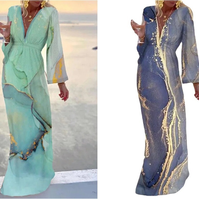 Platform Autumn and Winter Cross-border Europe and America Amazon Independent Station New Printed V-Neck Chiffon Sleeve Waist Beach Dress