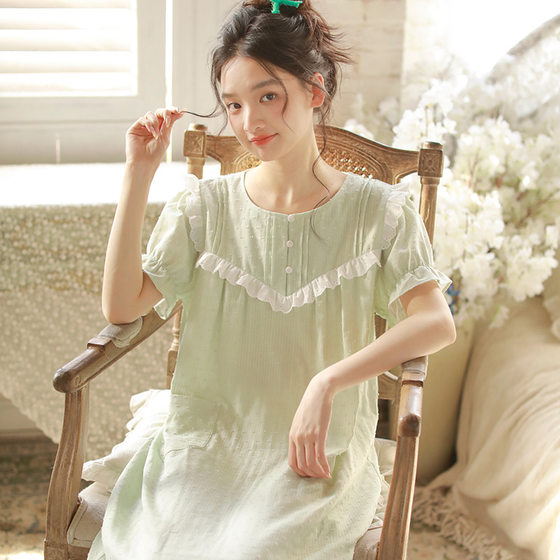 Nightgown Women's Summer Short-sleeved Summer New Pajamas Cotton Gauze Sweet Girl's Outer Wear Home Clothes