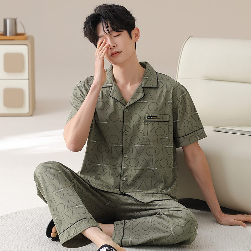 남성용 여름 잠옷, 순면 얇은 반팔 긴바지, 고급스럽고 우아한 느낌, 외부에서 착용 가능, 여름 남성용 반팔 홈웨어