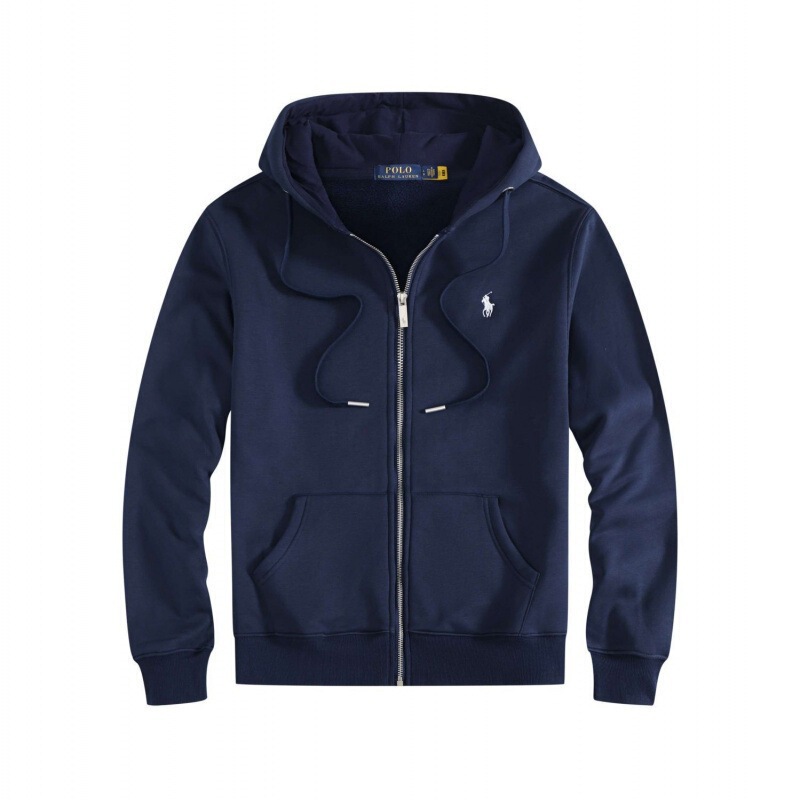 Ralph Lauren Men's Sweatshirt with Iron Zipper, Hooded, Embroidered Pony Logo, Spring and Autumn Style, Thin Fleece, Solid Color Jacket Top