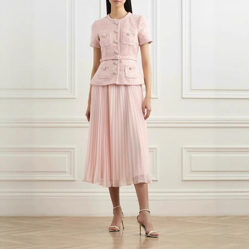 25 Autumn Designer Trendy Socialite Elegant Temperament Sequin Little Fragrance Style Pleated Patchwork Fake Two-Piece Long Dress