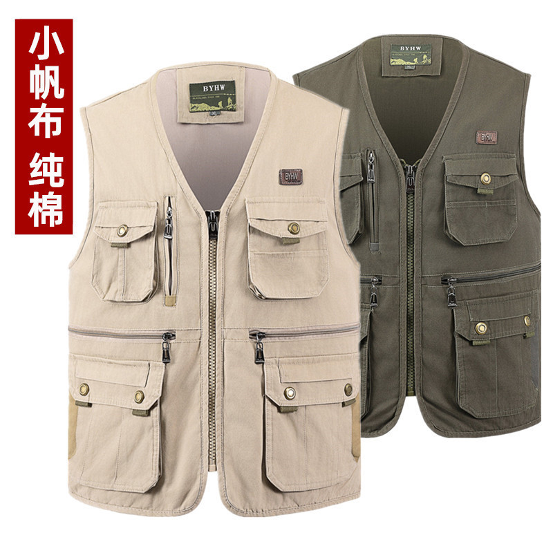 Small Canvas Pure Cotton Middle-Aged and Elderly Men's Vest Spring & Fall Multi-Flap Pocket Pants Double-Layer Vest Vest Outdoor Photography Dad Small Canvas Pure Cotton Middle-Aged and Elderly Men's Vest Spring & Fall Multi-Flap Pocket Pants Double-Layer Vest Vest Outdoor Photography Dad