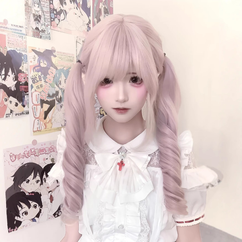Wig Female Long Curly Hair Light Pink with Bangs Double Ponytails Big Waves Lolita Jk Full Headgear Cos Full Headgear