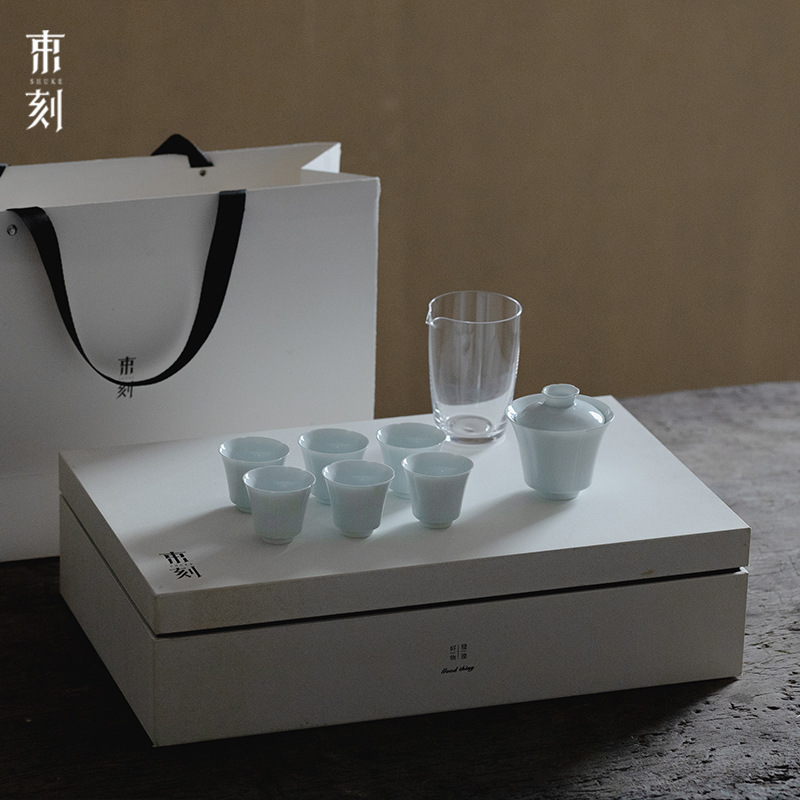 Set of Handcrafted thin-walled teacups with lids, white porcelain from Dehua, tea set gift box, tea ceremony set, tea cup as a souvenir, tea brewing utensils