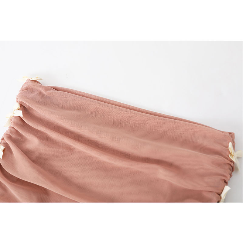 [in stock] Pure Pink Bow Off-shoulder Mesh Short Top Bow Low Waist A- shaped Hip Skirt