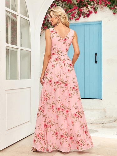 The 24th New European and American Chiffon Long Dress with Double V Neck, Sleeveless A-Skirt Evening Gown, Slit, Elastic Waist, Ballroom Dress