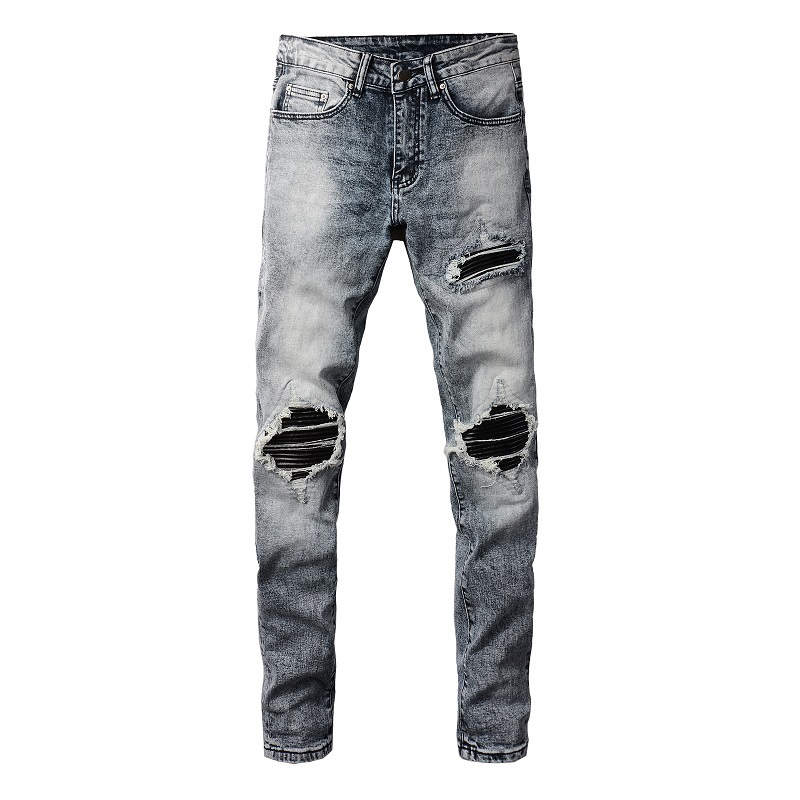 Vêtements pour hommes dans le même style moustaches de chat froissées patchwork noir trous en cuir élastique slim fit jeans skinny jeans_voghion.com