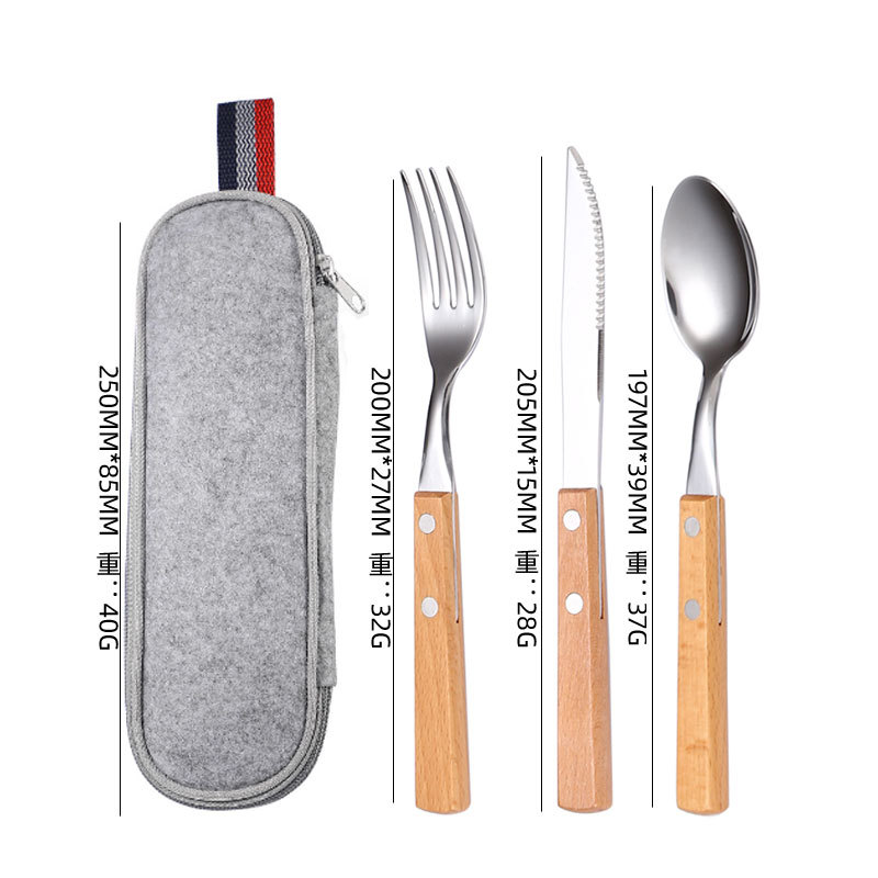 Cuchillo, tenedor y cuchara con mango de madera de acero inoxidable 304, restaurante occidental, bistec, cuchillo, tenedor y cuchara, juego de vajilla portátil de viaje, fuente transfronteriza