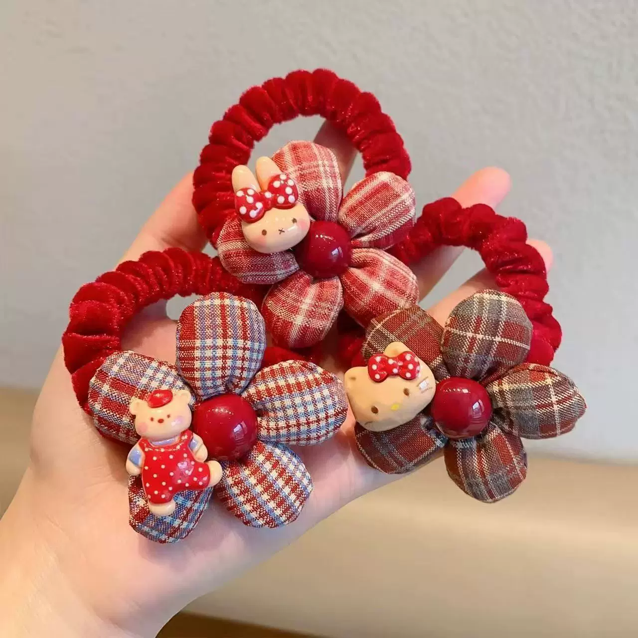 新年红色格纹花朵发圈儿童秋冬扎头绳可爱卡通丸子头皮筋女童发饰
