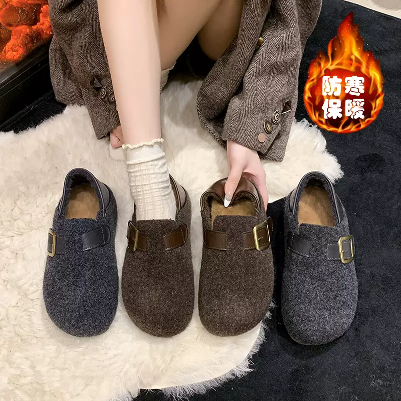 复古内增高两穿勃肯鞋女2025新款秋冬毛呢懒人一脚蹬厚底加绒棉鞋
