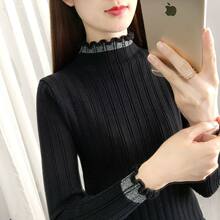 仅用于产品展示勿拍-加绒加厚黑色半高领毛衣女秋冬正品木耳边打