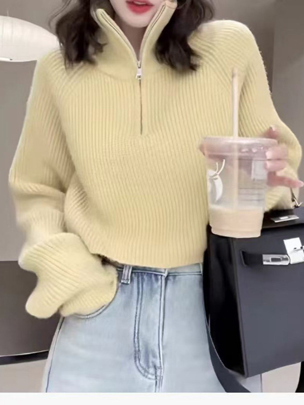 半拉链立领红色毛衣女秋冬2025新款韩版宽松慵懒风针织衫翻领上衣|undefined