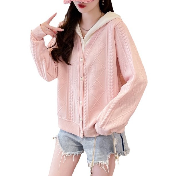 봄과 가을 새로운 부드러운 스타일 색상 매칭 자카드 스웨터 카디건 재킷 여성용 느슨한 캐주얼 가짜 투피스 후드탑
