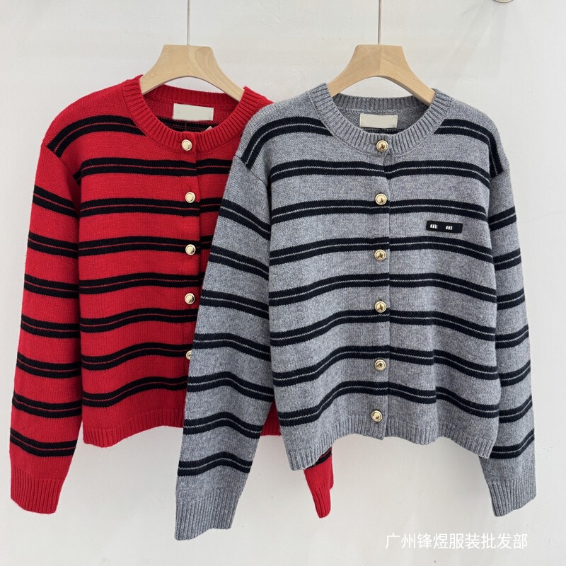 Miu Red and Black Stripesd Button Retro Cardigan Fashionable Metal Buckle Loose Version Girly Casual Sweater Jacket for Women