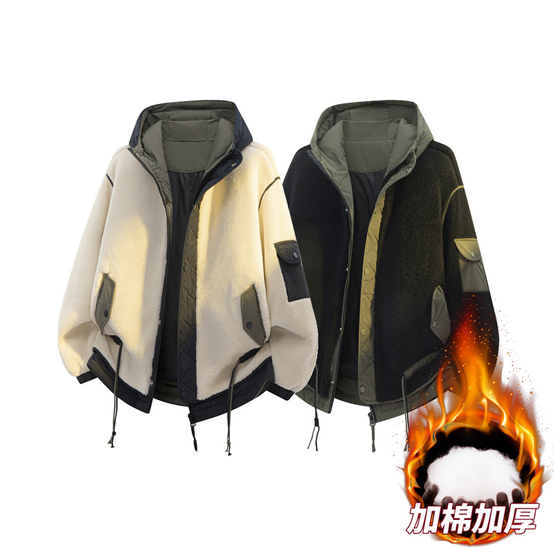 棉衣男羊羔绒拼接冬季新款男士青年加厚休闲保暖上衣面包服外套