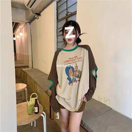 2026个性镂空长袖t恤女中长款春秋薄款小众撞色插肩袖上衣6266图