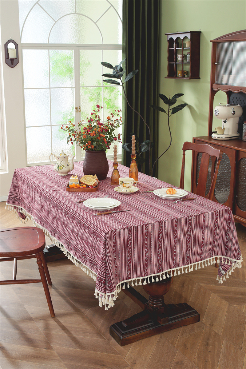 Nappe En Jacquard Style Ethnique Américain Avec Franges Et Dentelle_voghion.com