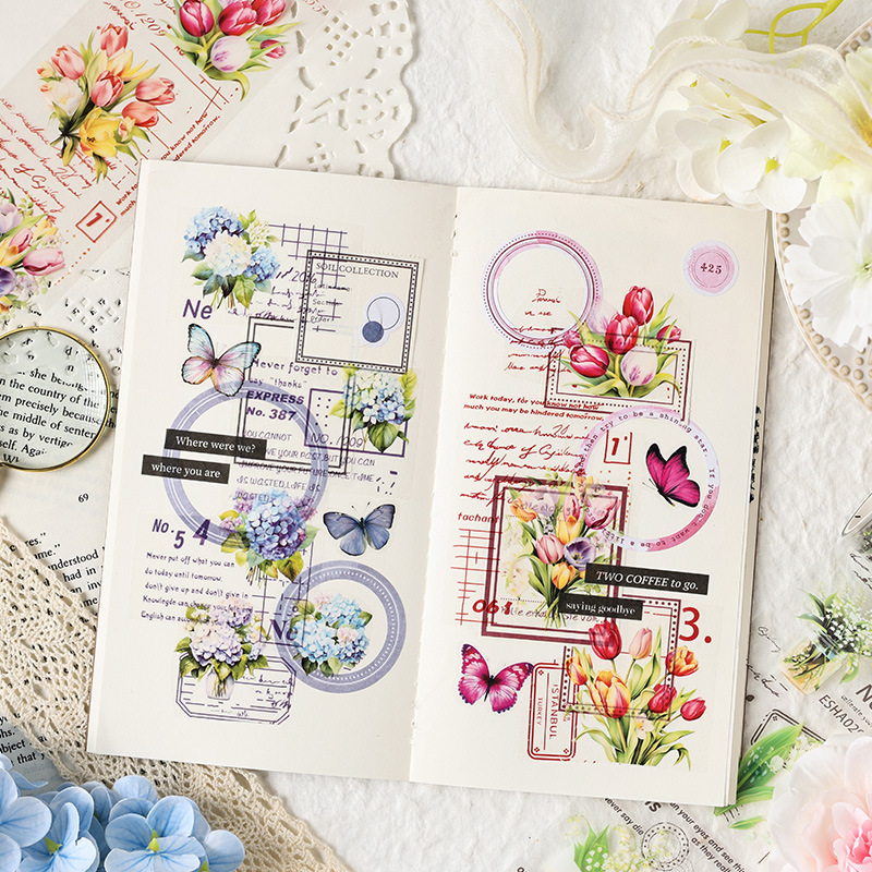 Florista de Chengnan transparente impermeable pet cinta adhesiva cubierta caja diy diario diario pegatinas de flores retro transfronterizas ramo pegatinas