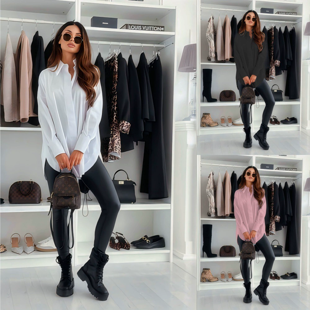 2024 AliExpress wish Amazon взрывной осенний досуг дикий сплошной цвет с открытыми вилками рубашка с длинными рукавами девушка рубашка