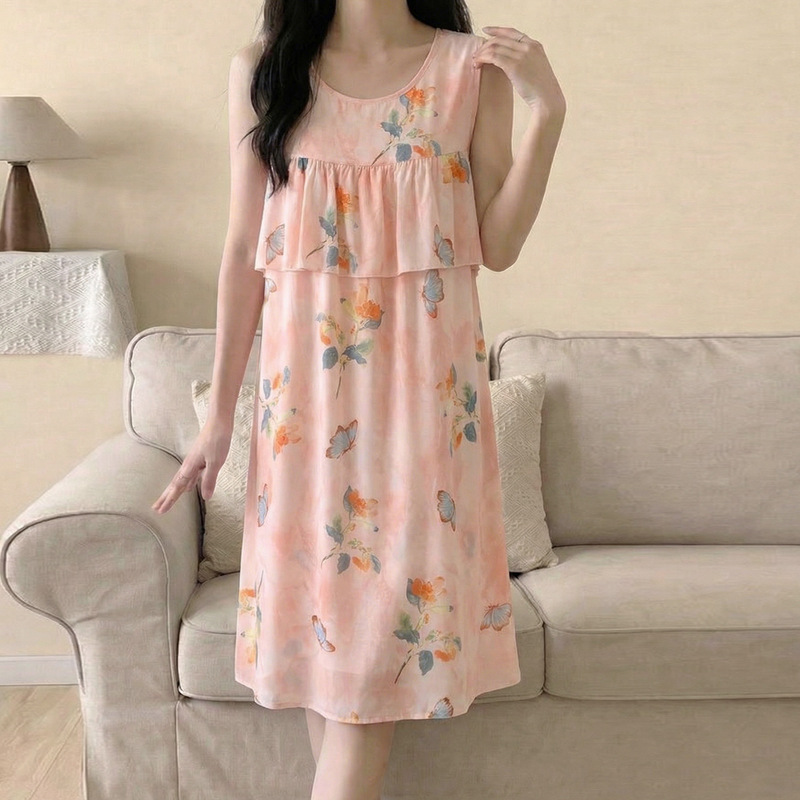 Summer Fashion Printed Pajamas for Women, Thin Cotton Silk Nightgown, Sleeveless, Cool-Feeling Women's Home Wear, Loose Large Size Nightgown Summer Fashion Printed Pajamas for Women, Thin Cotton Silk Nightgown, Sleeveless, Cool-Feeling Women's Home Wear, Loose Large Size Nightgown