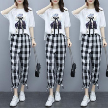 2025新款套装女新款大码短袖胖mm显瘦t恤英伦风格格子裤子两件套