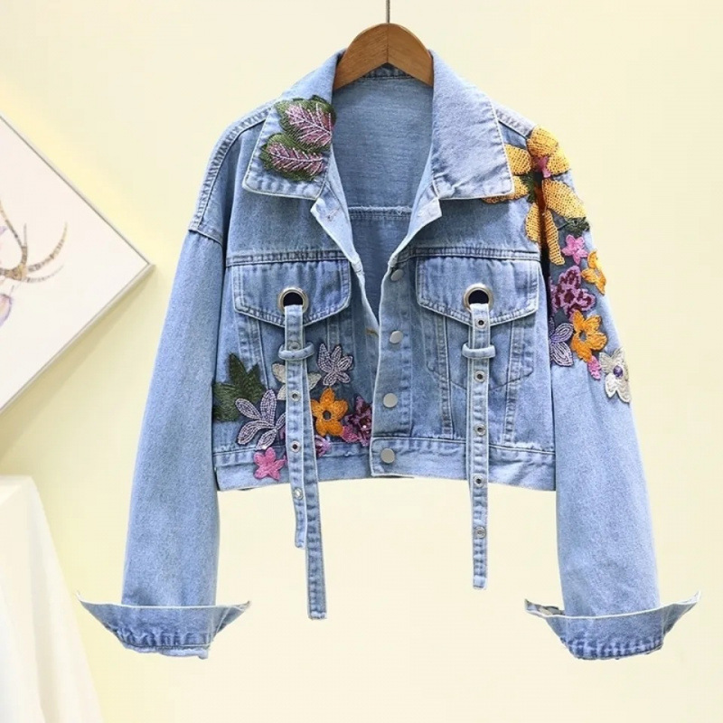 2024 Spring New Korean Style Bf Loose Heavy Embroidered Floral Sequin Denim Jacket Women's Short Jacket Top