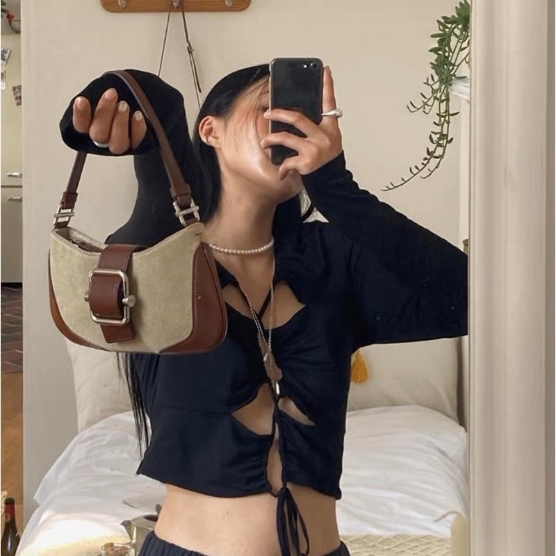 Retro armpit high-end splicing baguette niche design autumn new temperament shoulder bag ins female fashion_voghion.com