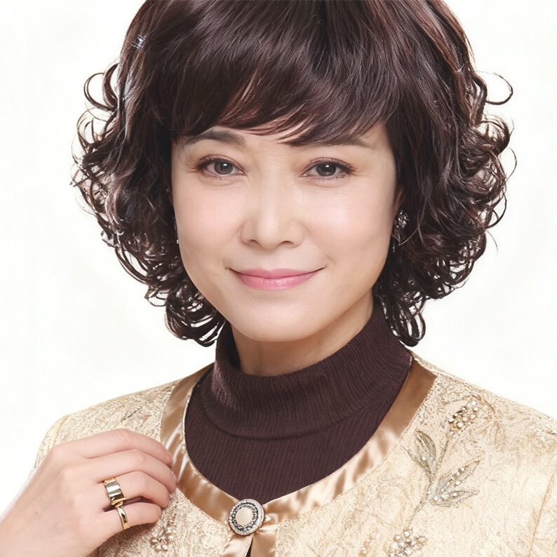 Factory wholesale wig women's short curly hair oblique bangs temperament mother simulation short hair high temperature silk full head cover in stock Factory wholesale wig women's short curly hair oblique bangs temperament mother simulation short hair high temperature silk full head cover in stock
